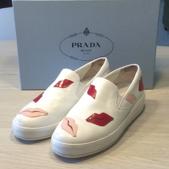 Prada Shoes - Prada Lips Appliqued Leather Slip On Sneaker- 37.5
